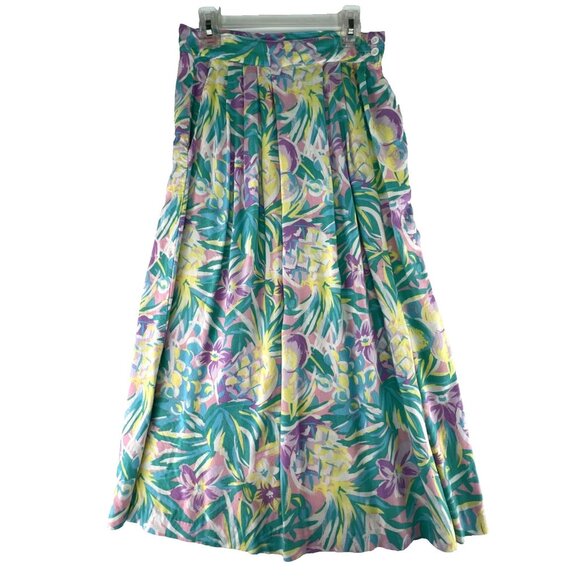 Vtg 80s Sz 8 Ambiance Bright Pastel Floral Midi Skirt  Made In USA Pleated - Picture 1 of 7